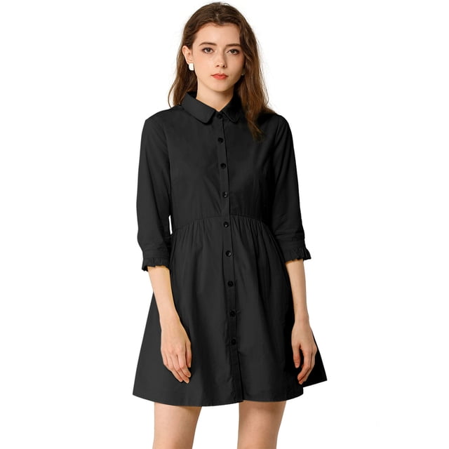 Vestido camisero informal Allegra K con pliegues manga 3/4 botones Negro S