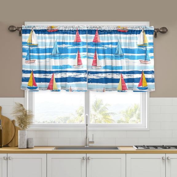 Yayeee Kitchen Curtains Tier Set of 2 Light Filtering 57"x24" Over Sink Window Panels, Yellow Sailboats
