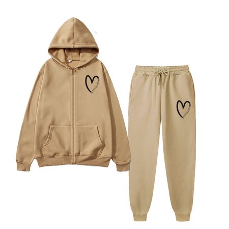 sususu Business Casual Outfits for Women Fall Sets Winter Women s Velvet Heart Print Hooded Tracksuit Set Cozy Casual Loose Fit Two Piece Outfit with Pockets for Fall Season - Khaki