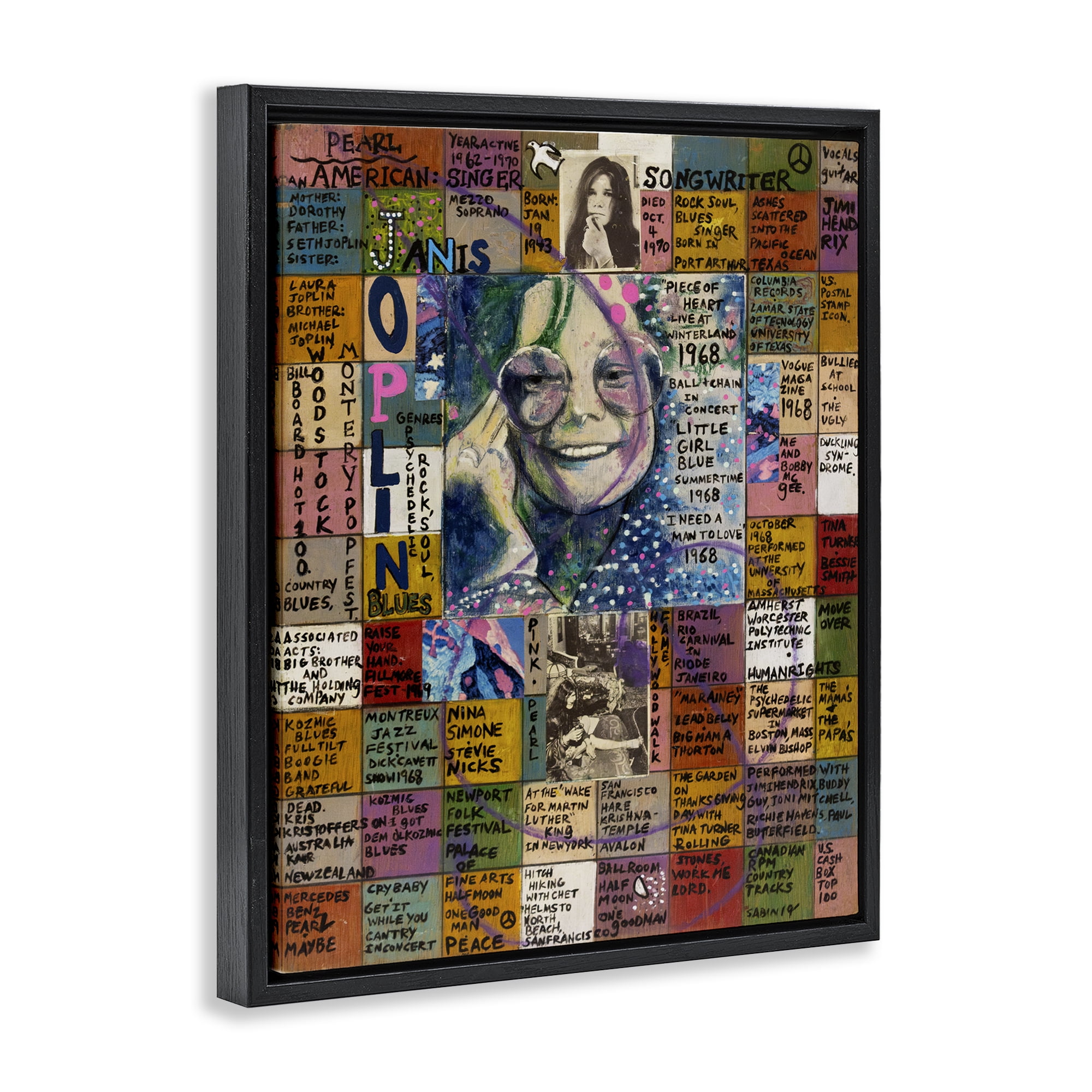 Stupell Industries Janis Joplin Collage People Drawing Black Floater Framed Canvas Art Print Wall Art, 17 x 21