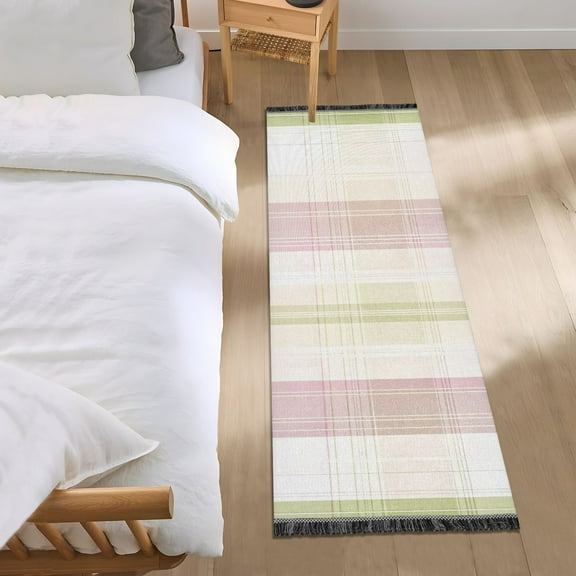 Light Green Pink Lines Bedroom Runner Rug 2'x 6' Non Slip Carpet Indoor Home Area Rug Living Room