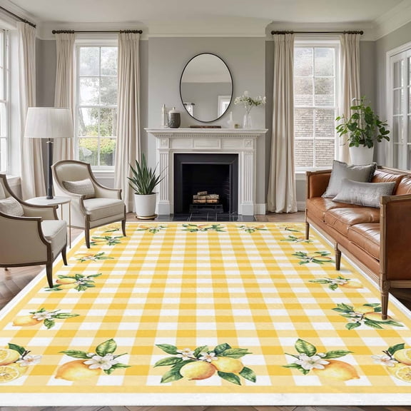 Area Rug for Living Room, Yellow Lemons Non-Slip Indoor Large Carpet for Bedroom/Dining Room, Floral Wreath Leaves Buffalo Plaid Washable Low-Profile Rectangle Floor Runner Rugs - 5 x 7 Ft