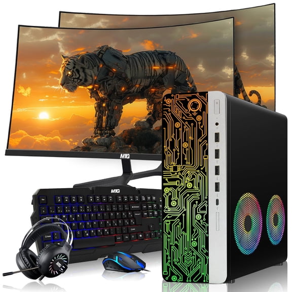 Restored HP Gaming PC Desktop Computer – AMD Pro A10-9700,RX 550 Graphics ,16GB RAM,512GB SSD,Dual 32 Inch Curved Monitor,RGB Keyboard with AI Copilot ,Mouse,2X ARGB Fan WiFi,RGB Headphone,Windows 11