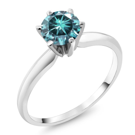 Gem Stone King 18K White Gold Blue Moissanite Solitaire Engagement Ring for Women (1.00 Cttw, Gemstone Birthstone, Round 6.5MM, Size 9)