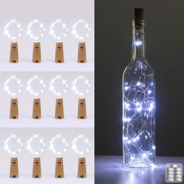 Paquete de 12 Luces para botellas, luces de corcho para botellas de vino, 2 m, 20 luces LED de alambre de cobre para fiestas, cumpleaños, bodas (blanco frío)