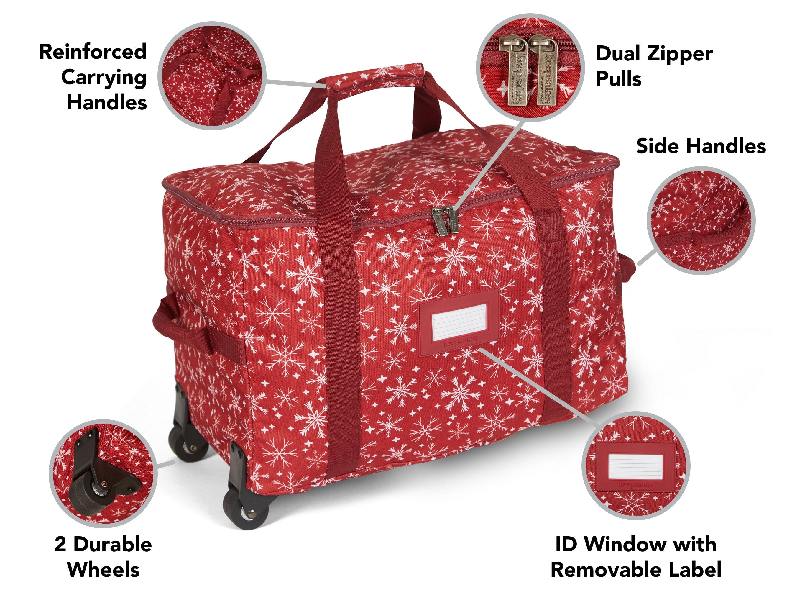 Covermates Keepsakes Rolling Treasurekeeper Storage Bag - Carrying Handles, ID Window, Dual Wheels - Holiday Storage, Red Snowflake