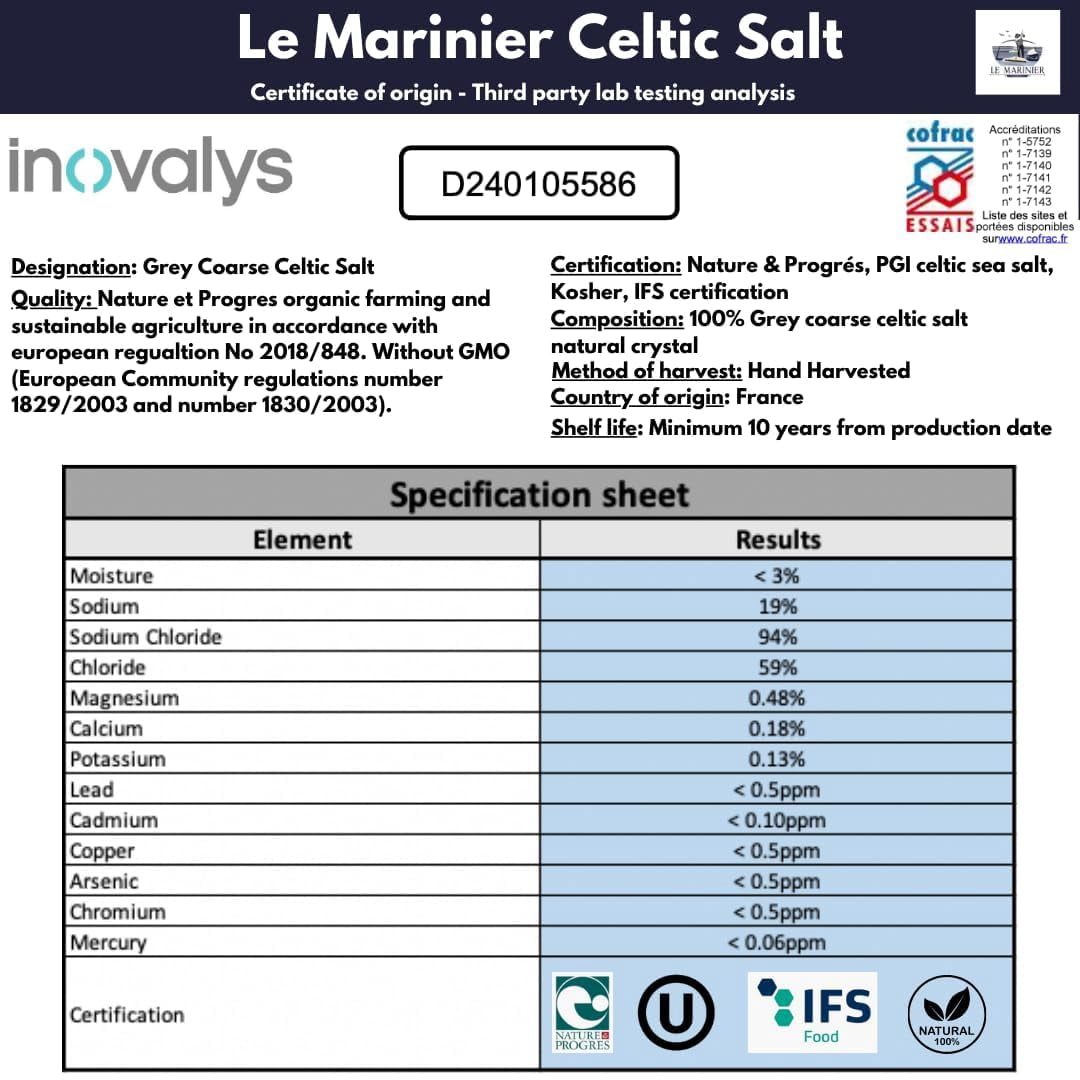 Le Marinier Celtic Salt Organic Grey Coarse, 5lb Mineral Rich 100% Natural and Unrefined French Sea Salt Organic. Hand Harvested Mineral Sea Salt, Sal Celtica Organica, Sel Gris (5lb Grey Coarse)