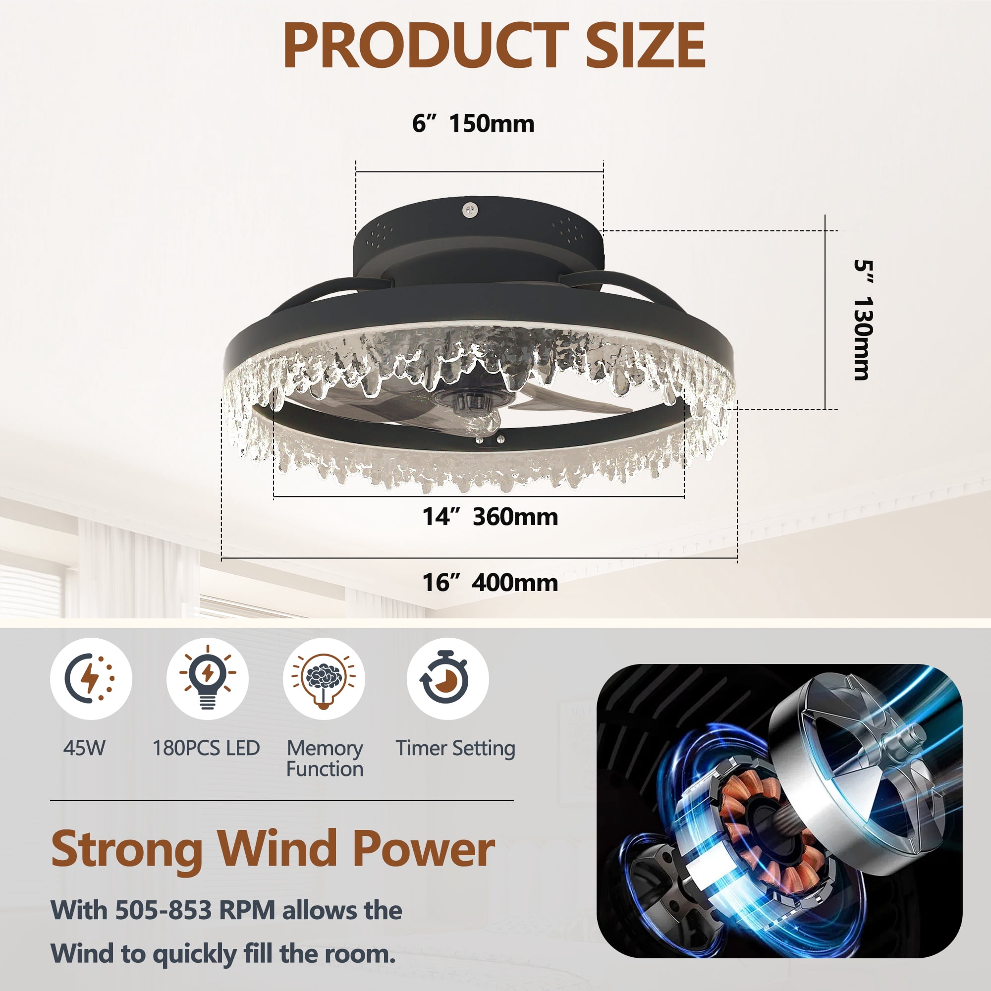 Miniyam Low Profile Ceiling Fan with Light – Ultra-Quiet DC Motor, 6 Speeds, Reversible Airflow for Year-Round Comfort