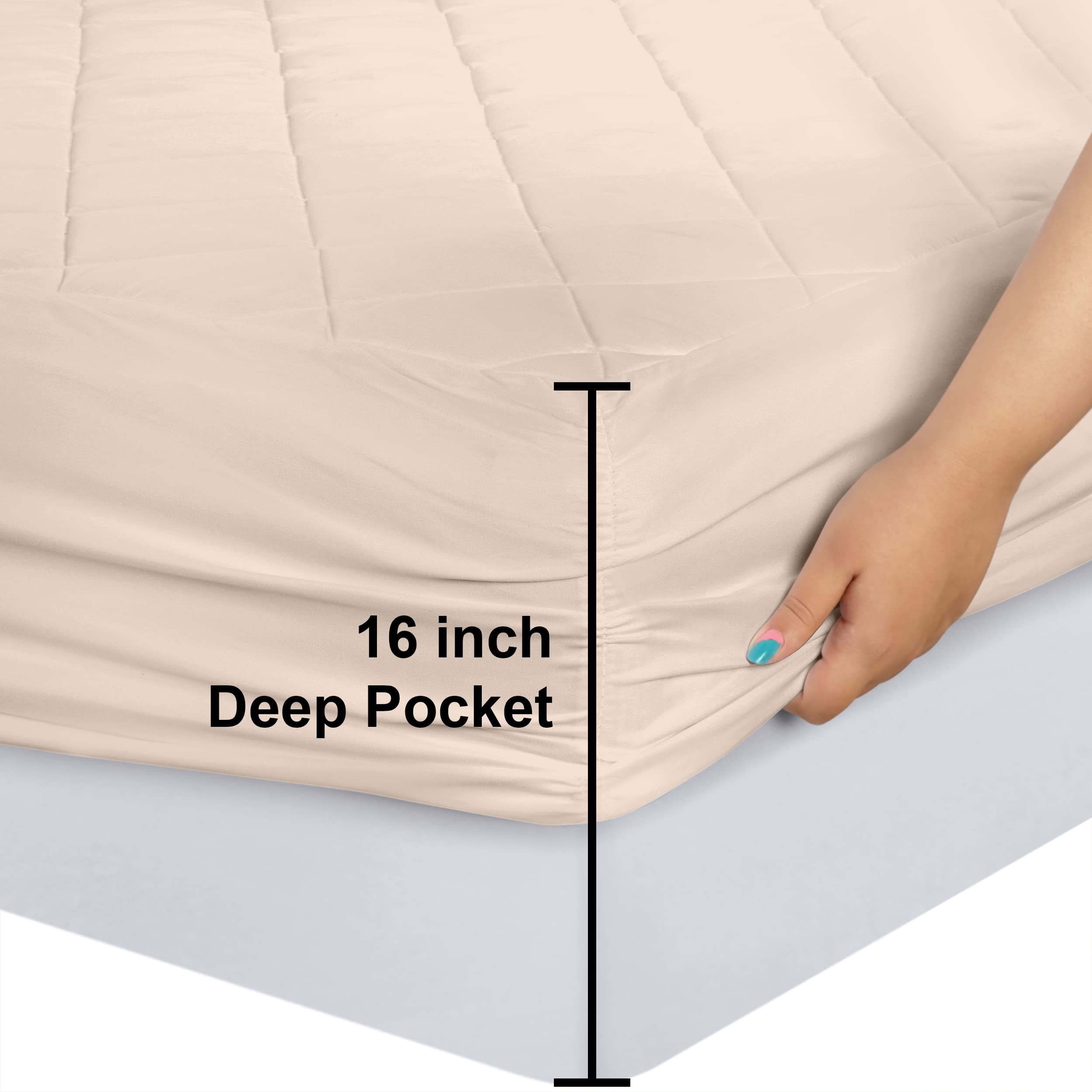 Utopia Bedding Quilted Fitted Mattress Pad, Full Size, Elastic Fitted Mattress Topper Protector and Cover Stretches up to 16 Inches Deep, Machine Washable (Beige)