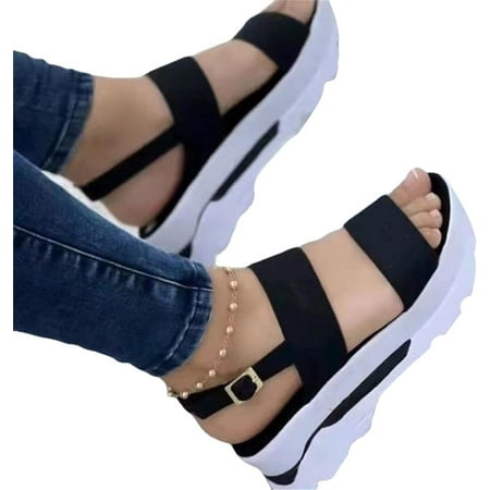 

JISBEIFHA Women s Platform Wedge Heel Sandals Women s Summer Open Toes Sandals Breathable Ankle-Strap Shoes Metal Buckle Beach SandalsA4833