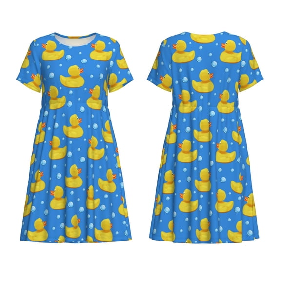 Horeoi Cute Yellow Rubber Ducks Print Women's Short Sleeve Dress Breathable Polyester-Spandex All-Over Print A-Line Side Pockets Elastic Waist