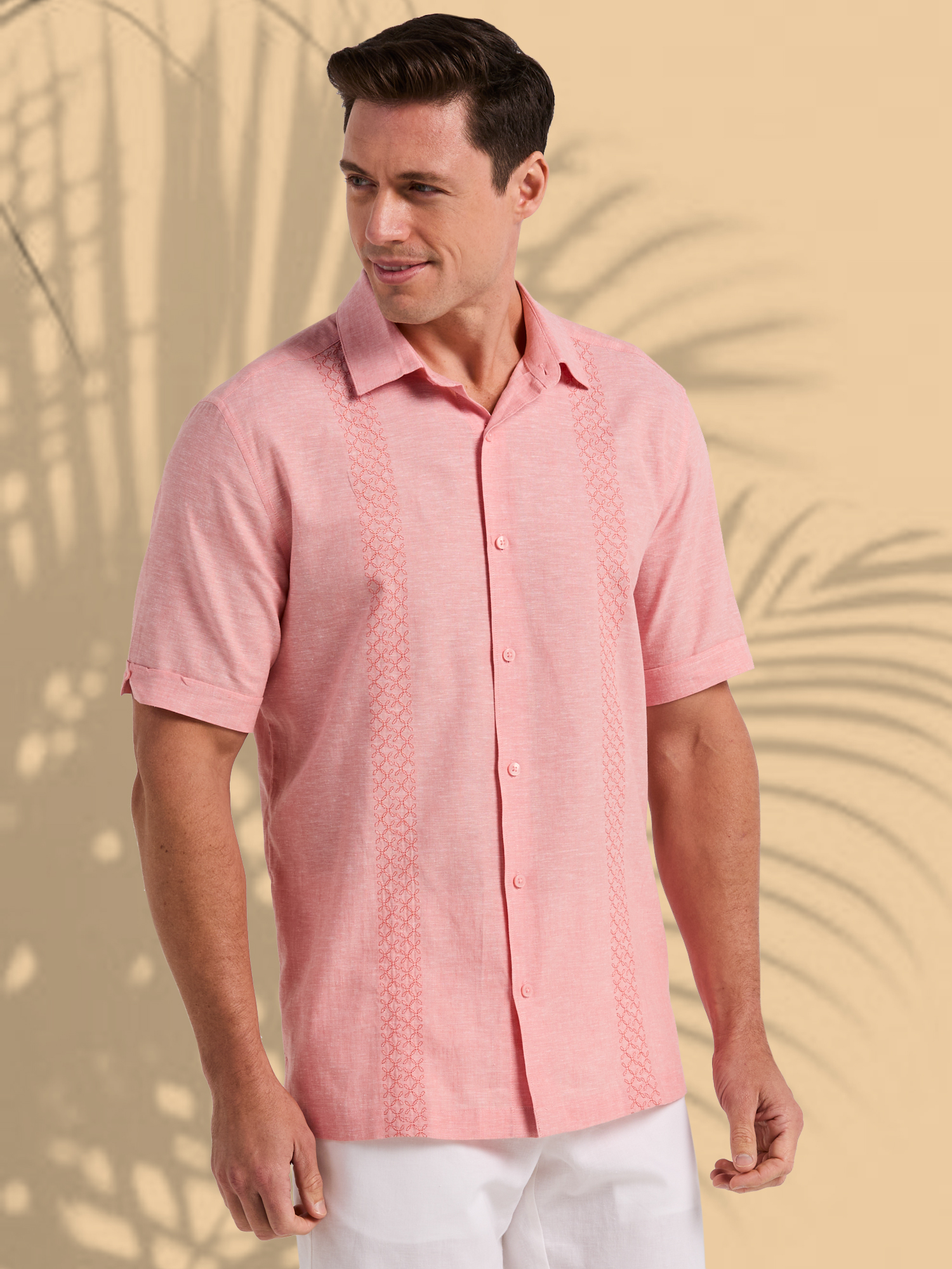 Havanera Men's and Big Men's Geo Embroidered Panels Short Sleeve Cotton Linen Button-Down Shirt, Sizes S-5XL