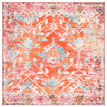 SAFAVIEH Riviera Dzvezda Abstract Polyester Machine Washable Area Rug, Orange/Light Blue, 6'7" x 6'7" Square