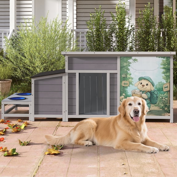 Jaxpety Dog House Outdoor Wooden Dog Kennel for Medium to Large Dogs with Weatherproof Roof, Slow Food Bowls, Storage Box