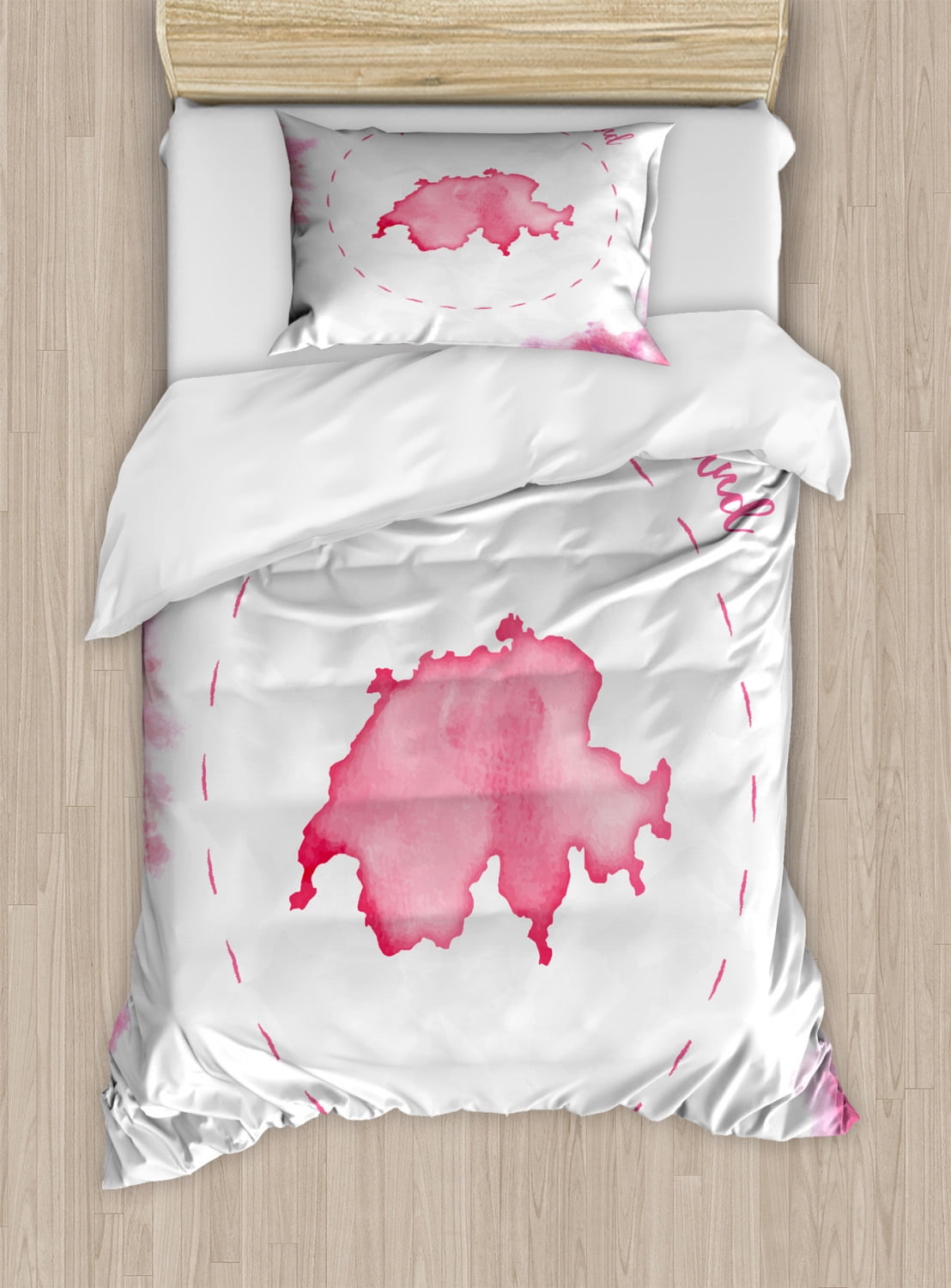 Switzerland Duvet Cover Set Twin Size, Monochrome Watercolor Map with