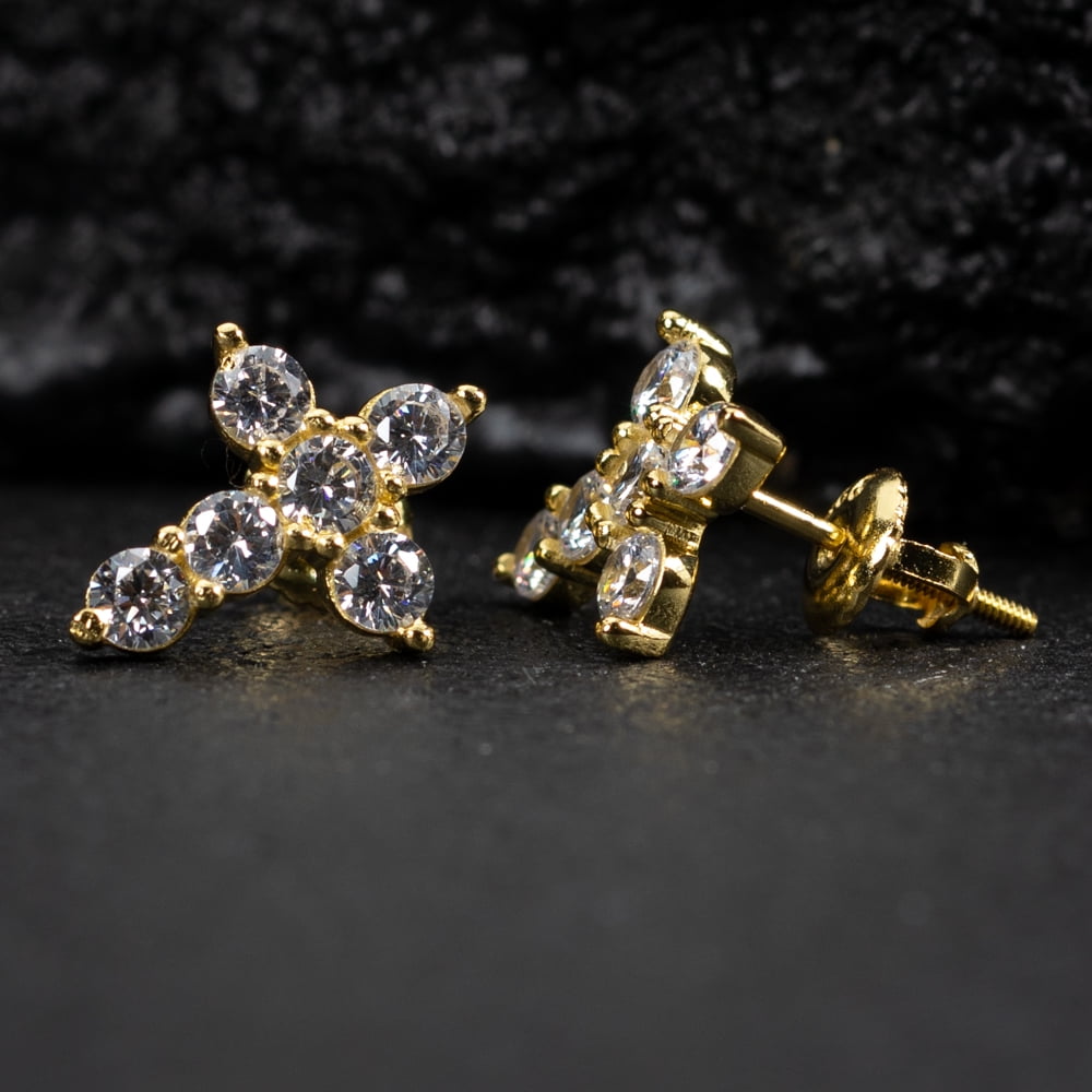 Small Solitaire Prong Set Iced 5A Cz Yellow Gold Plated 925 Sterling Silver Screw Back Post Crucifix Gothic Cross Stud Earrings