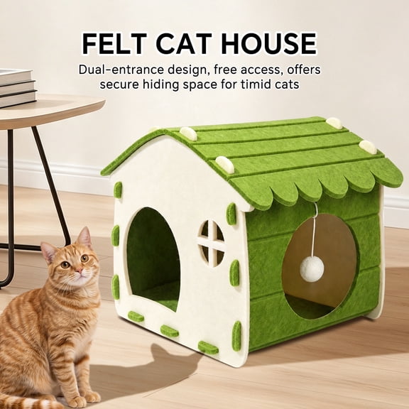 Felt Cat House for Indoor Cats, Cozy Cat Cave Hideaway Bed, Soft Durable Felt Cat Enclosure, All‑Season Cat Shelter for Resting, Napping and Hiding, Green 38*42*37cm