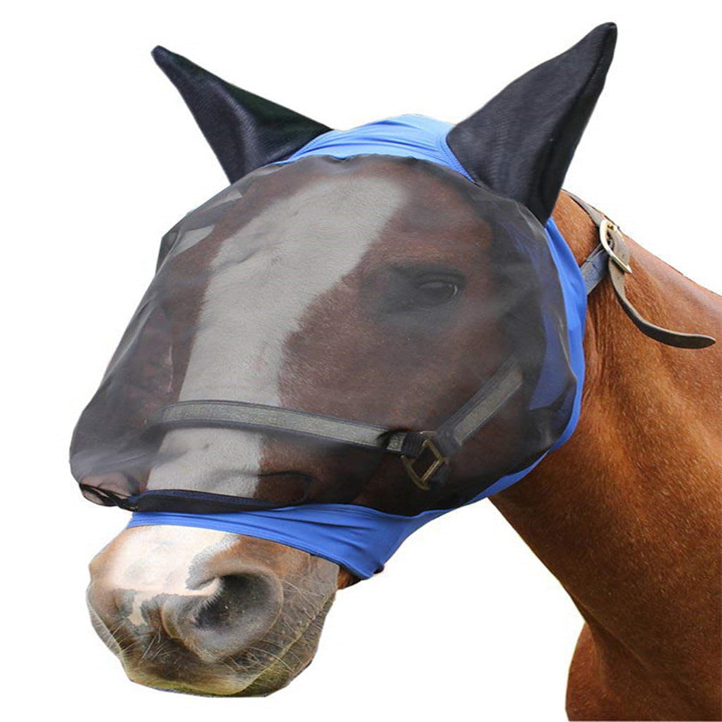 Horse Fly Mask w/ Ears Hood Full Face Mesh Protection Anti-UV Repellent Mosquito 