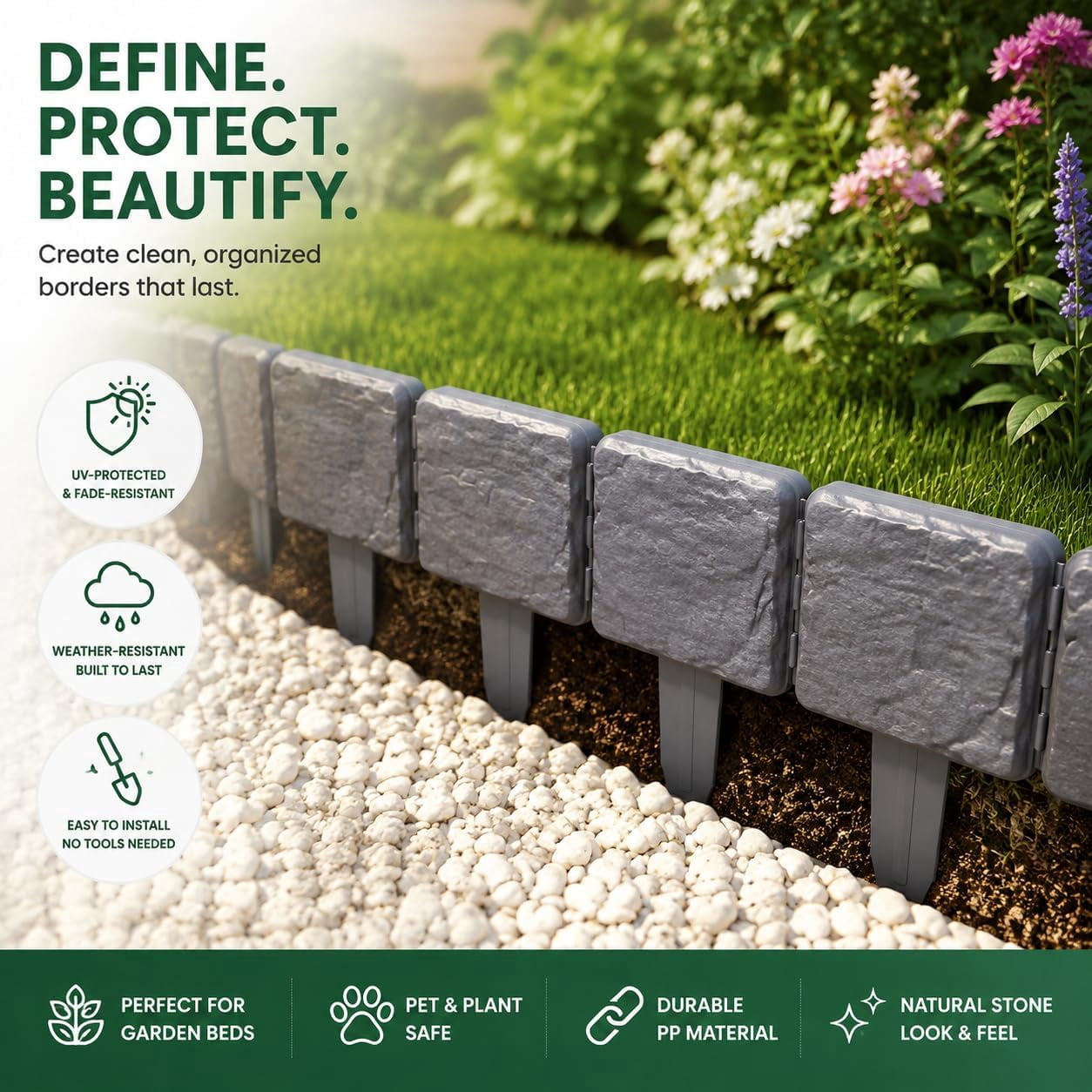 Imitation Stone Garden Fence, Plastic Retaining Edging Border Grey Cobbled Effect Landscape Decor Interlocking Decorative Panels, Flower Bed Path Lawn Outdoor Picket Yard (10, gray)M