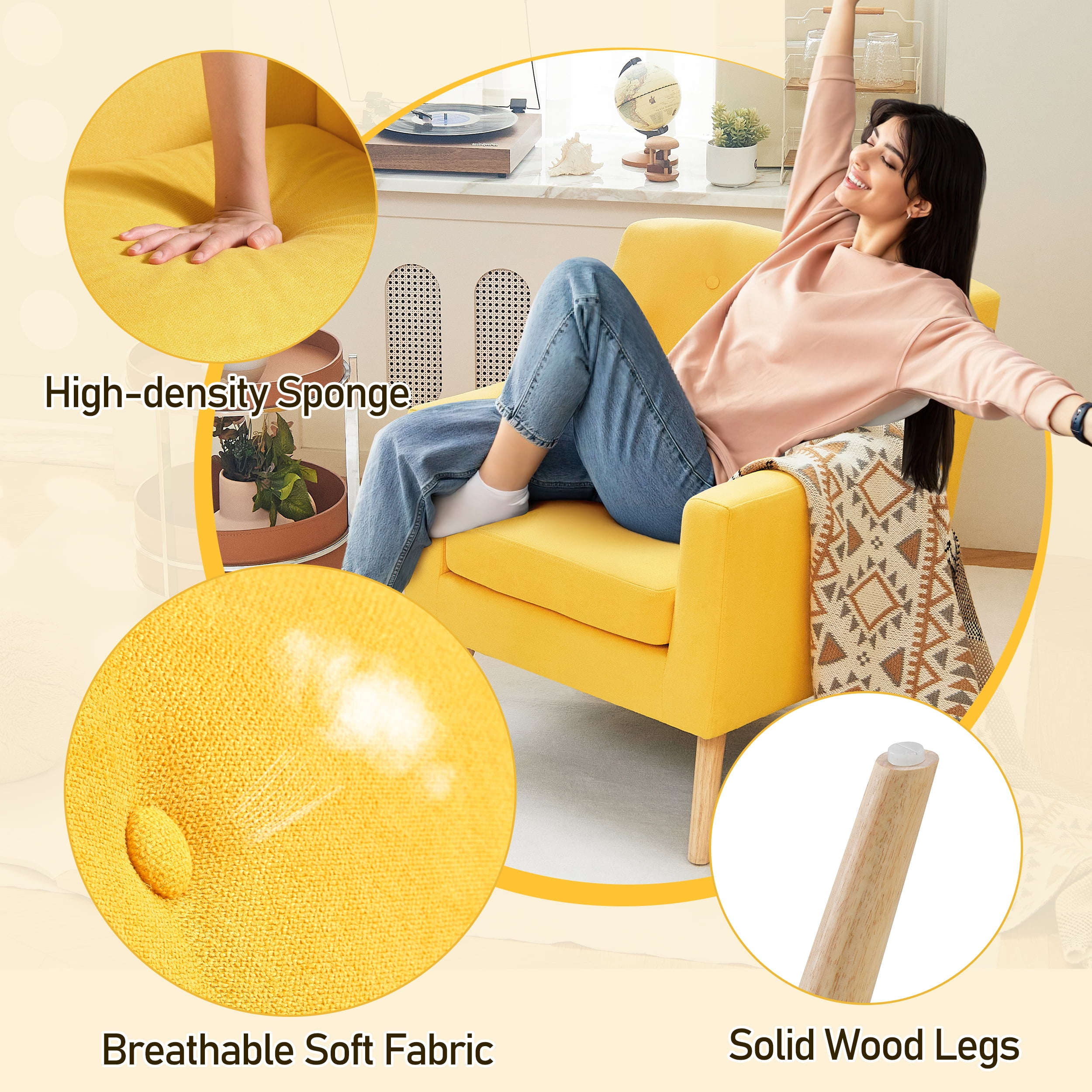 TrumanPick Accent Chair, Modern Upholstered Comfy Sofa Chairs, Fabric Mid-Century Armchair Button Tufted Lounge Chair for Living Room, Bedroom, Yellow