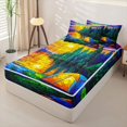 thumbnail image 3 of Manfei Stained Glass Lakeside Tent Pattern Zipper Full Size Comforter Sets with Fitted Sheet and 2 Pillowcases,Sunset Pine Forest Print Zipper Bedding Set,Yellow Green Blue,Reversible, 3 of 7