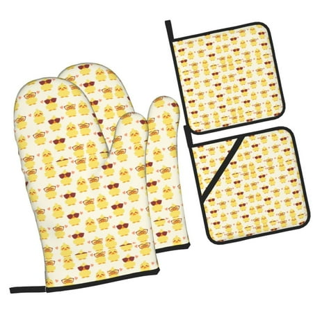

Fotbe Cute Yellow Duck for 4Pcs Oven Mitts and Pot Holders 500℉ Heat Resistant Oven Mitts Non-Slip Silicone Surface Safe for Baking Cooking BBQ