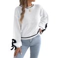 thumbnail image 2 of Women Knit Crew Neck Contrast Lantern Long Sleeve Pullover Sweater with Decorative Cuff Straps White M, 2 of 9