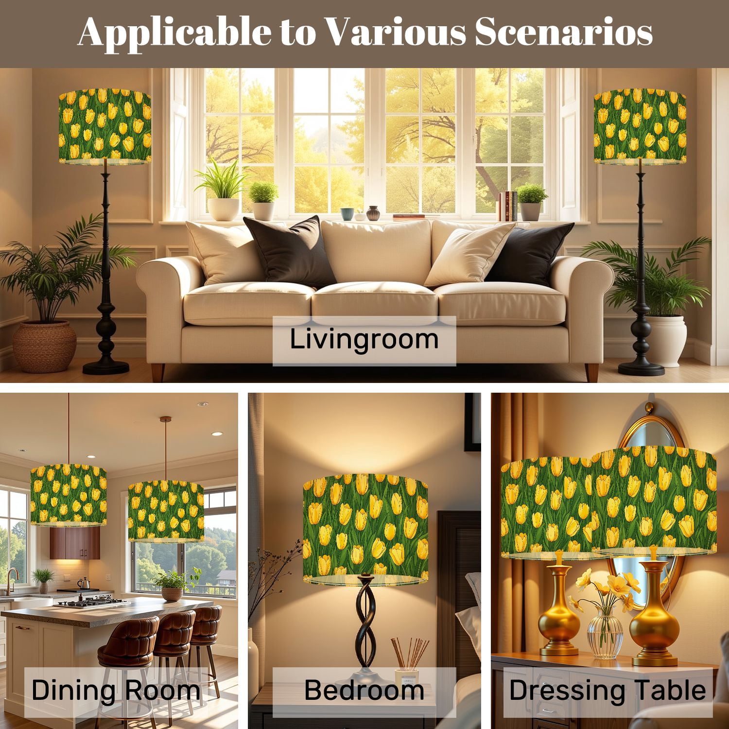 Lampshades 2 Pack Yellow Tulips Full Bloom Green Leaves Grass Spring Decor 13"x13"x10" Light Shade for Table Lamps Floor Lamp Shades Lampshade Replacement Easy Assembly
