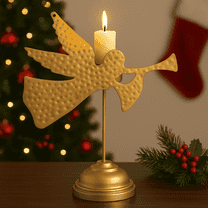 Gold Angel Candle Holder Stand – Metal Christmas Decor with Trumpet Design, 10-inch Tabletop Holiday Decoration for Home, Fireplace & Gift Display