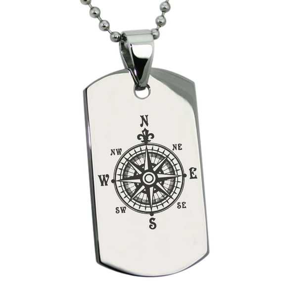 Tioneer Stainless Steel Nautical Fleur DE Lis Compass Engraved Dog Tag CZ Pendant Necklace