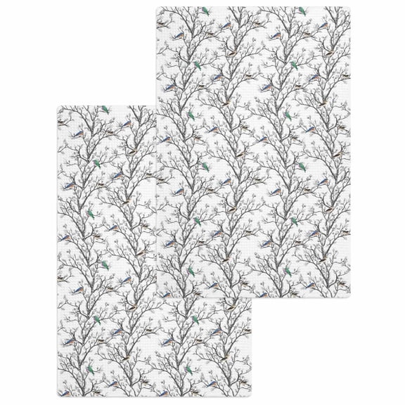 Natural Trees Branches Kitchen Dish Towels for Drying Dishes Set of 2, Colored Birds Vintage Rustic Waffle Weave Microfiber Hand Tea Bathroom Towels Quick Dry & Absorbent Towel 15.7x23.6