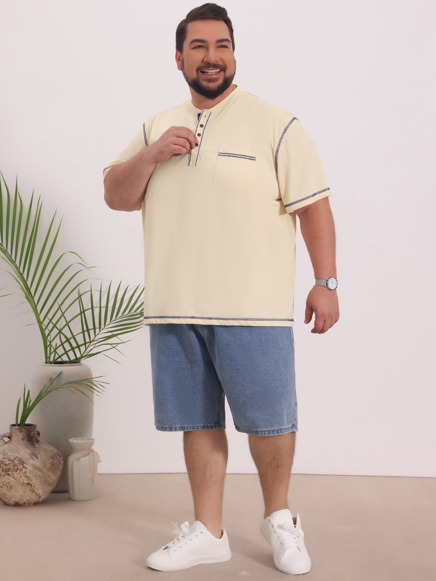 DARING DIVA Men's Big Tall Contrast Trim Button Down Short Sleeve Shirts 6XL Khaki