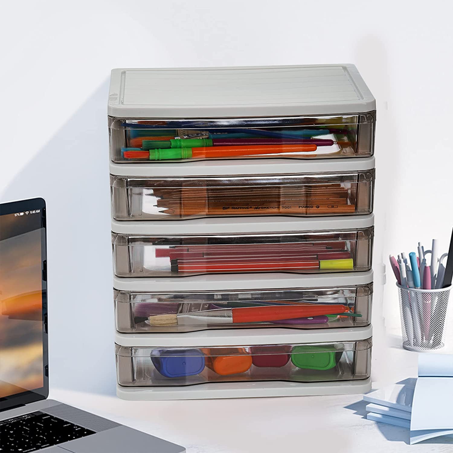 5 Drawer Desktop Storage Bin Unit  Small Plastic Organizer White Frame With Clear Mini Container Case For Desk Storing Craft Accessory Stationery
