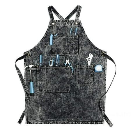 

Denim Apron For Men And Women-Adjustable Leather Shoulder Strap And Multiple Pockets Home Cooking Professional Chef Apron