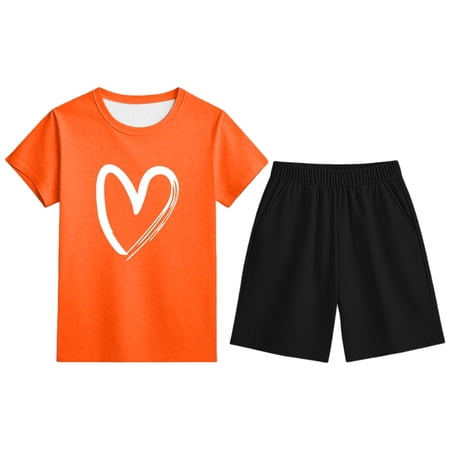 Gbsyewxs Outfits Sets For Girls 2 Piece Crew Neck Short Sleeve Heart Print Tops And Elastic Waist Shorts Set Loose Summer Toddler Clothes Orange Size 8-9 Years