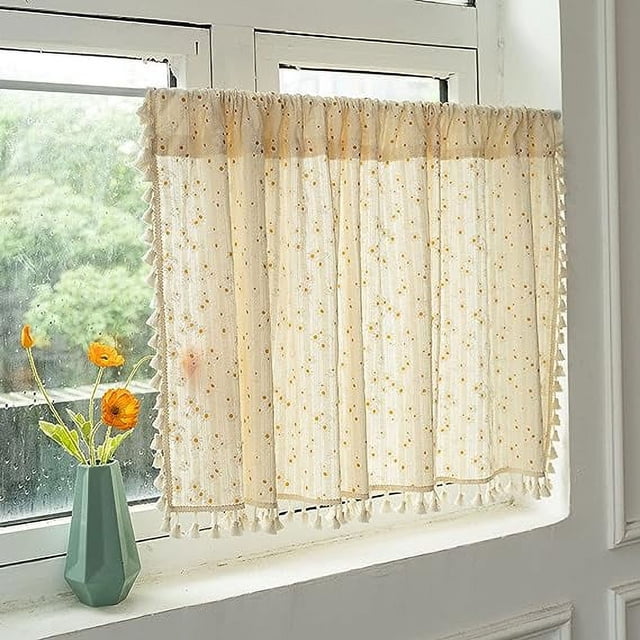 Nvzi Cortinas de algodón con diseño floral de margaritas, con borlas, bolsillo para barra, cortina corta para cocina, 1 panel (margaritas, 24 x 35 pulgadas)