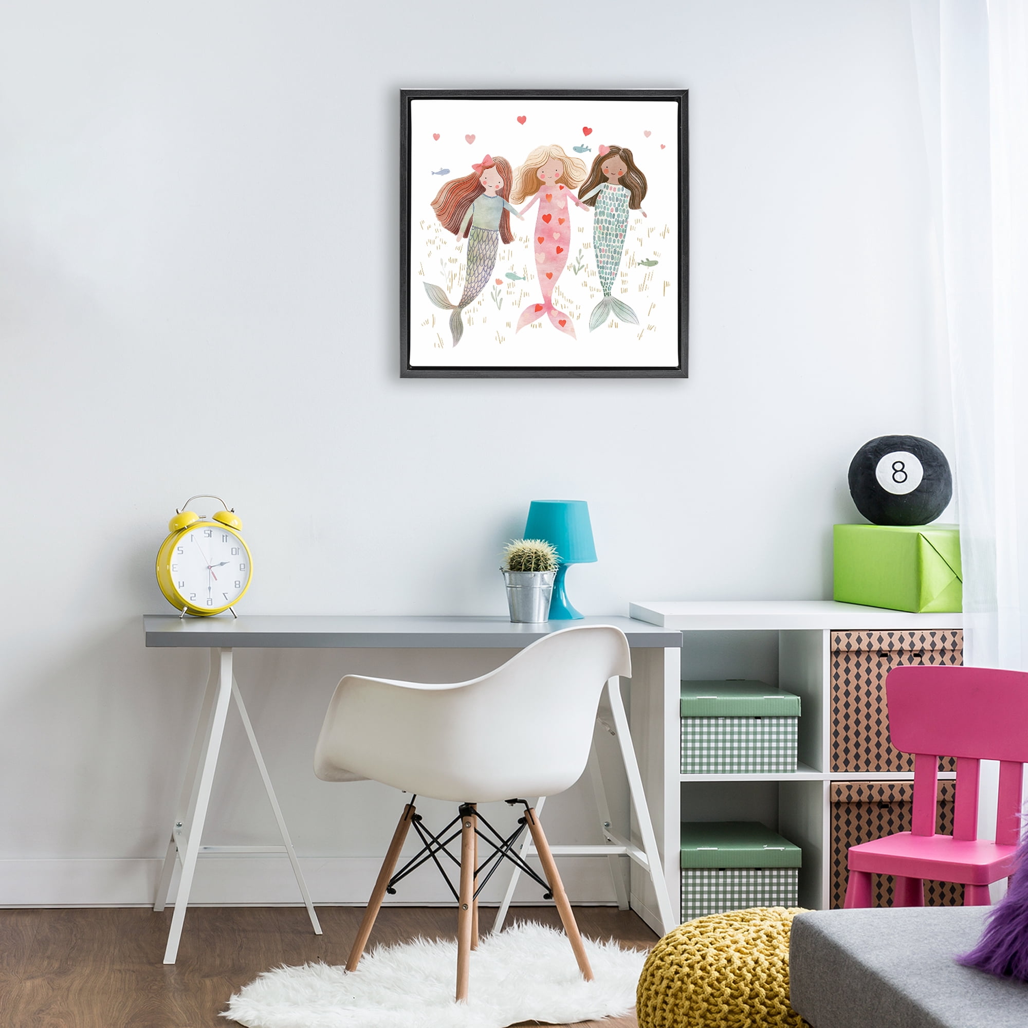 Trio of Mermaids Friendship Black Framed Floater Canvas Wall Art, design by Leah Straatsma