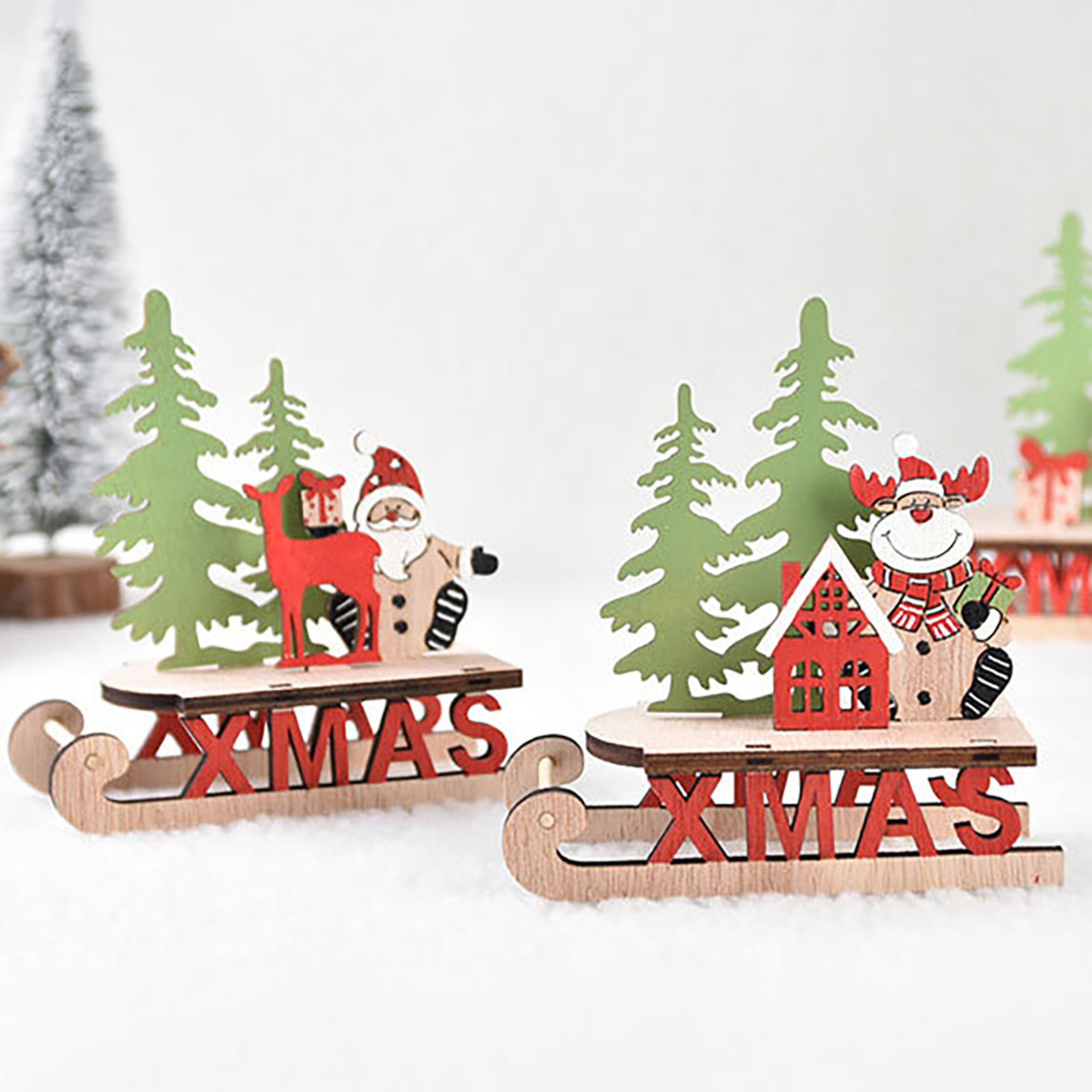 6 Mini Wood Pine Sledge Toboggan Christmas Decoration Elf Doll Winter Crafts 