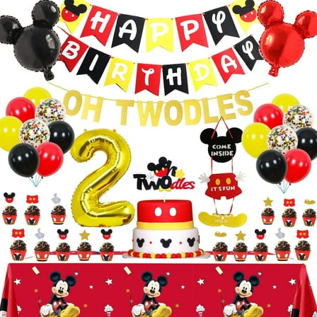 M - Mouse 2nd Birthday Party Supplies Oh Twodles Theme Party Decorations Includes Felt Banner,Welcome Hanger Door Sign, Tablecloth,Cake Cupcake Toppers,Mickey Head Balloons, 12 Latex Balloon