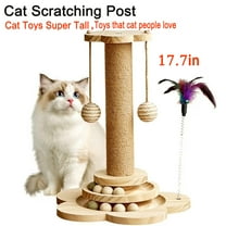17.7" Cat Scratching Post, Sisal Scratching Posts for Indoor Cats Adults, 2 Level Cat Track Balls, Cat Scratcher with Hanging Ball and Interactive Toys