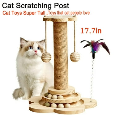 17.7" Cat Scratching Post, Sisal Scratching Posts for Indoor Cats Adults, 2 Level Cat Track Balls, Cat Scratcher with Hanging Ball and Interactive Toys