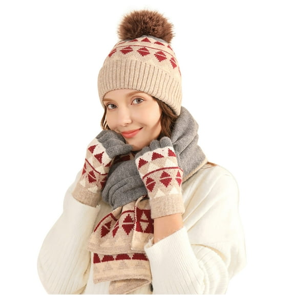 Otqutp Teen Girls Warm Mittens Multi-Purpose Autumn Winter Knitted Gloves Scarves Hats Three Piece Wool Blend Cold Proof Outdoor Thickened with Velvet(Red,One Size)