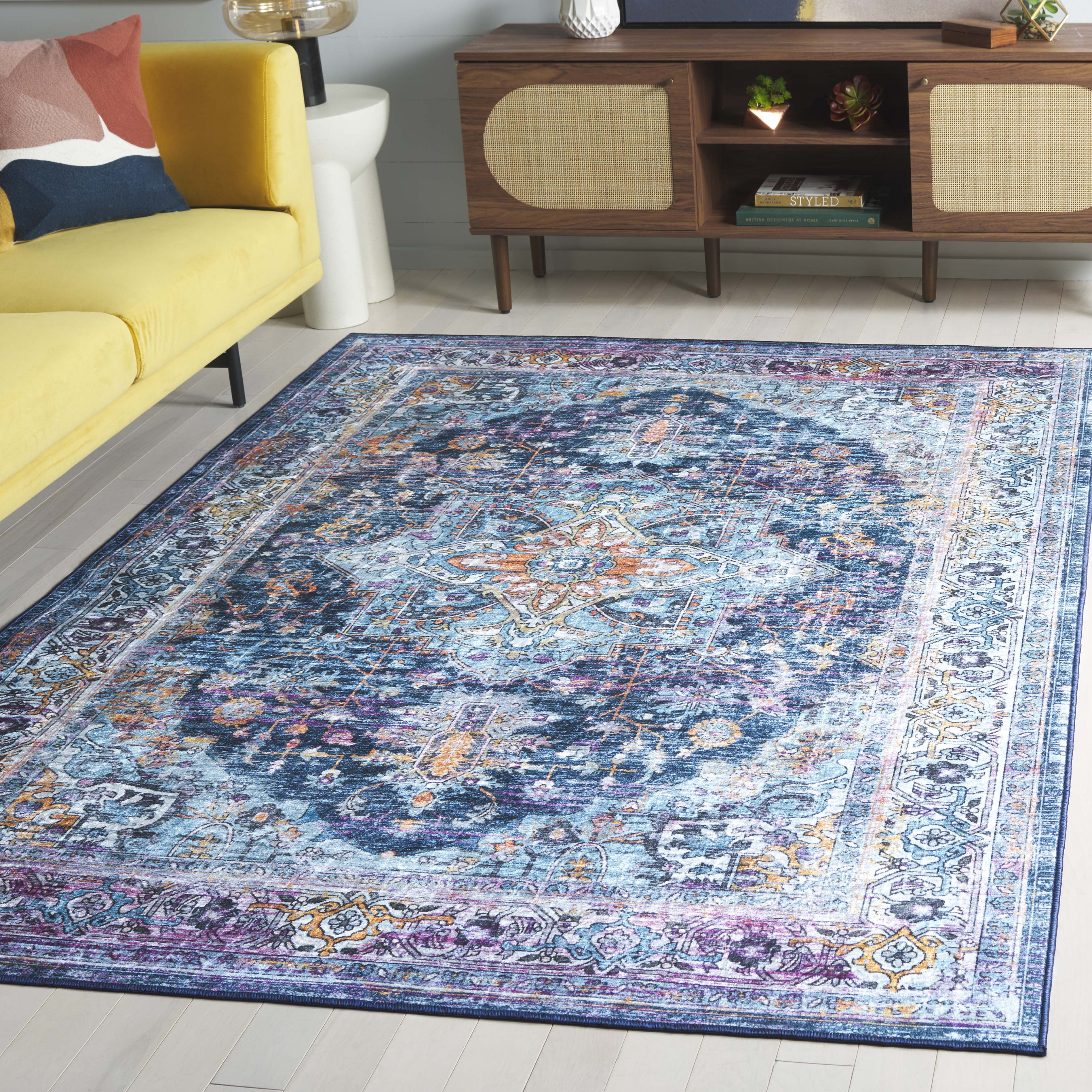 SAFAVIEH Orlando Charla Medallion Machine Washable Area Rug, Light Blue/Navy, 4'9" x 6'6"