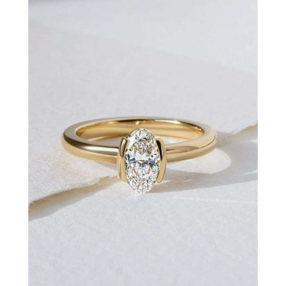 Jewelerix 10K Yellow Gold Vermeil Ring Oval East-West Engagement Solitaire Ring, Modern Half-Bezel Setting Perfect for Birthday Gift