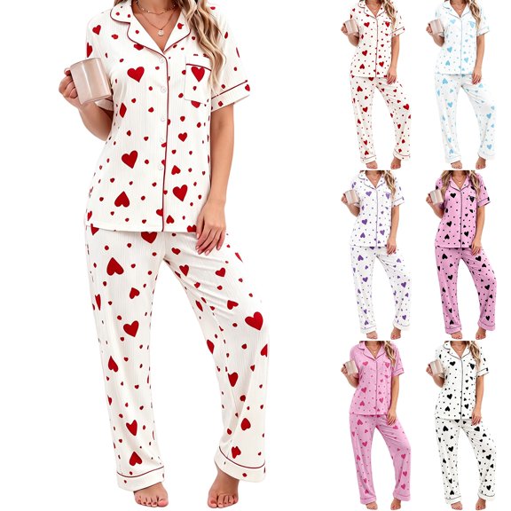 Harpily 2 Piece Womens Pajama Set Button Front Heart Print Short Sleeve Top Sleepwear Night Wear Outfits L