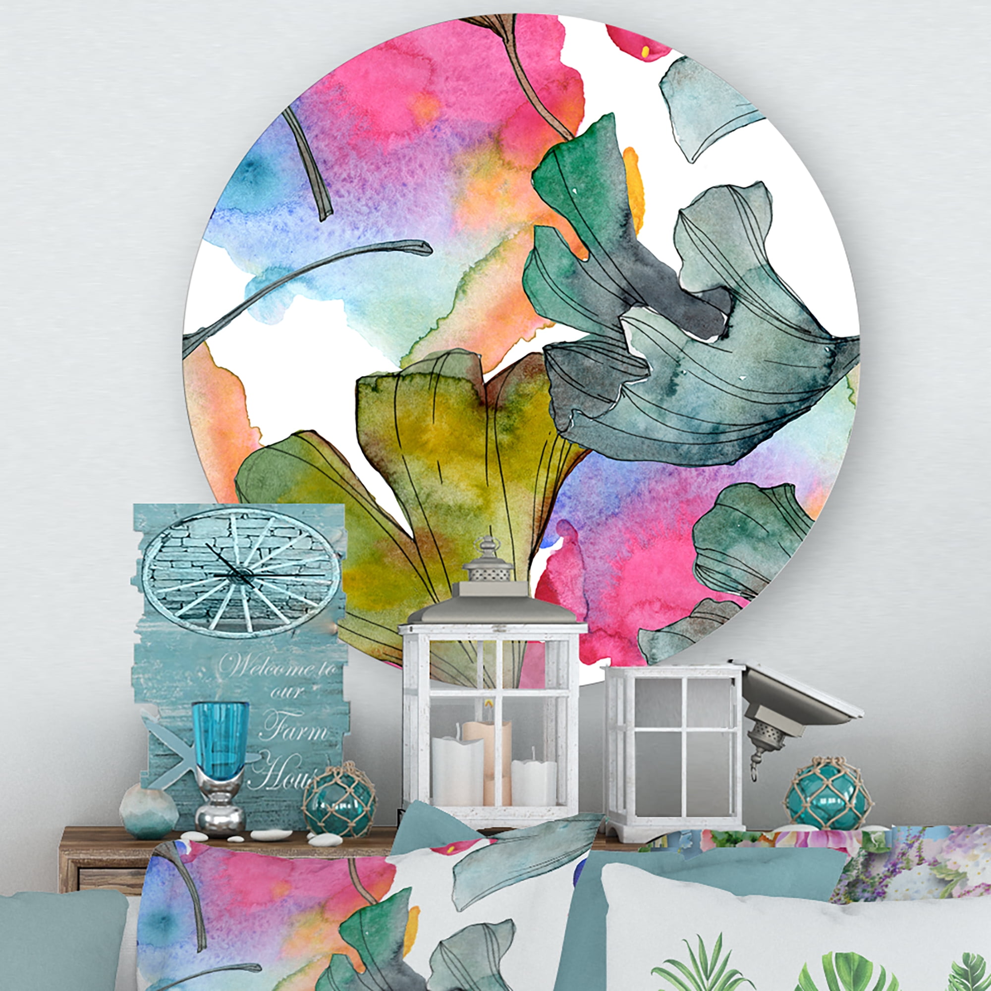 Designart 'Abstract Ginkgo Biloba Leaf Foliage' Traditional Circle Metal Wall Art 23x23 - Disc of 23