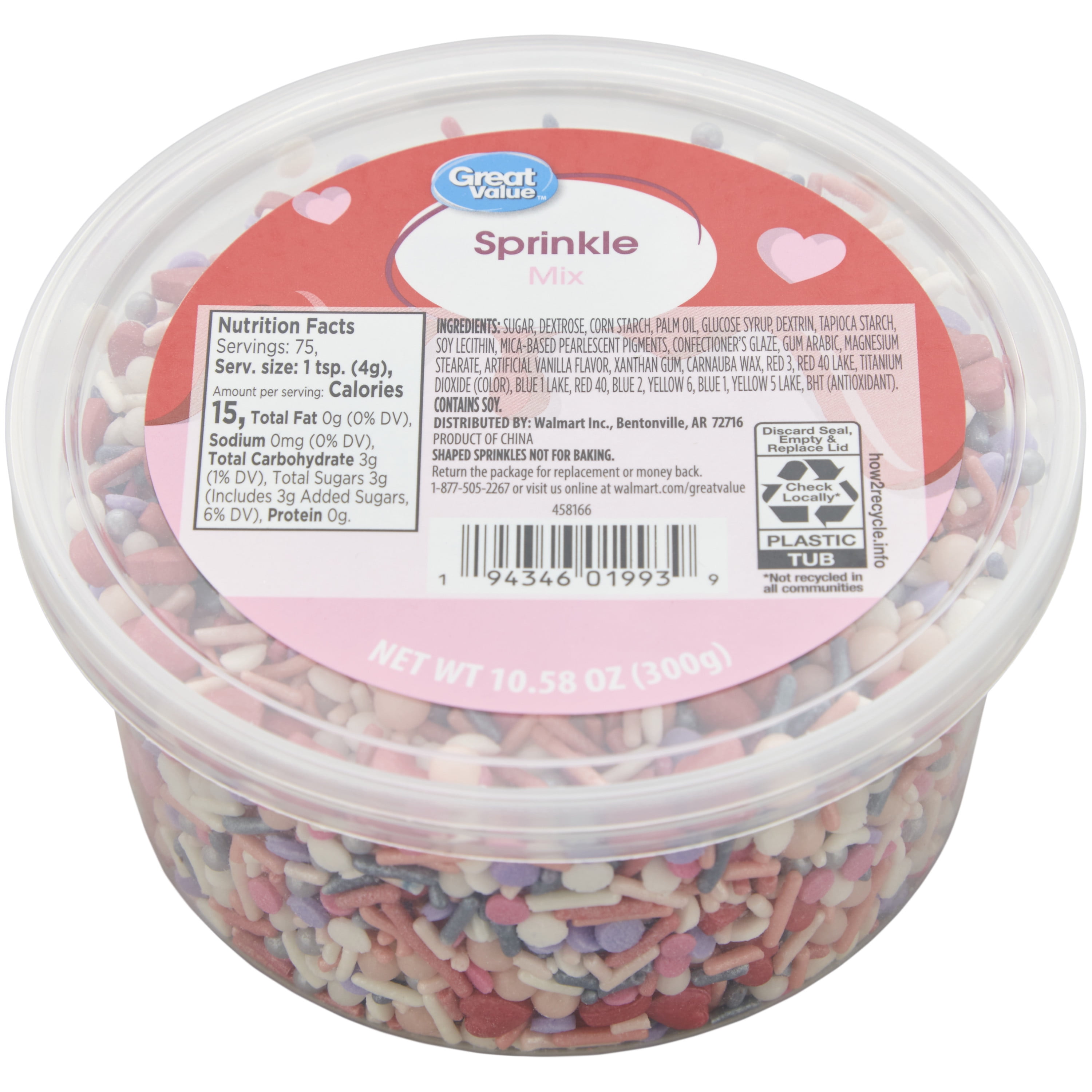 Great Value Traditional Valentine's Day Sprinkles Mix, 10.58 oz. Tub