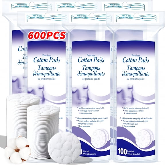 RAGUPEL Premium Cotton Pads for Face,600 Count Round Makeup Remover Pads,100% Pure&Natural Organic Cotton Rounds,Lint-Free Facial Pads Cleansing Cotton (100 Count (Pack of 6))