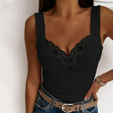 

Hesxuno Fashion Sexy Womens V-Neck Patchwork Solid Lace Short Camis Tops Vest