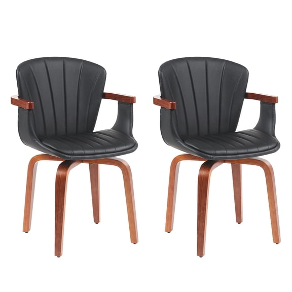 Mid-Century Modern Bentwood Swivel Dining Chairs (Set of 2) – Black PU Leather Accent Chairs with 360° Rotating Base, Heat-Pressed Craftsmanship for Dining Room, Kitchen, or Office
